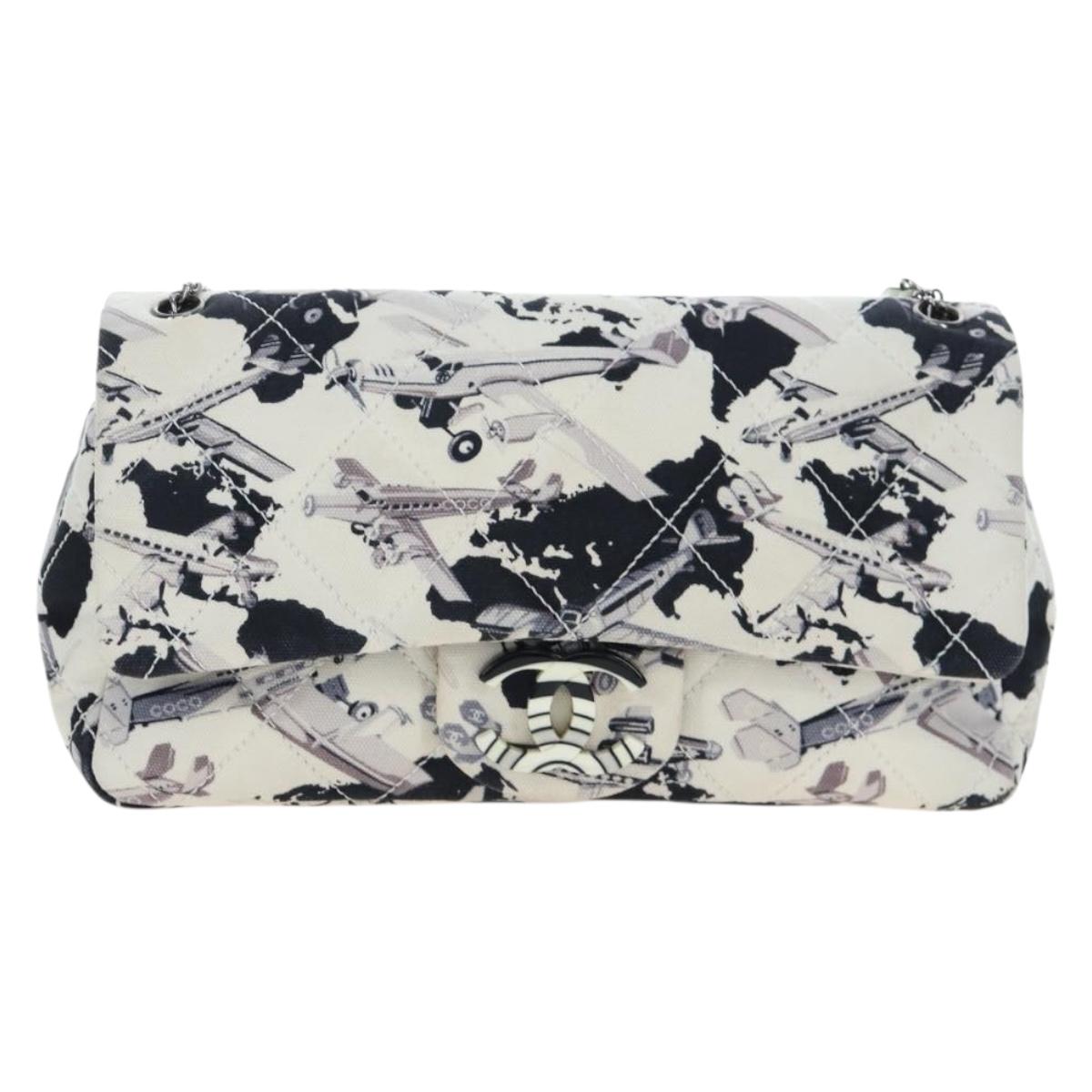 CHANEL Matelasse 25 Airline Shoulder Bag Canvas White Silver CC Auth 195237SAM