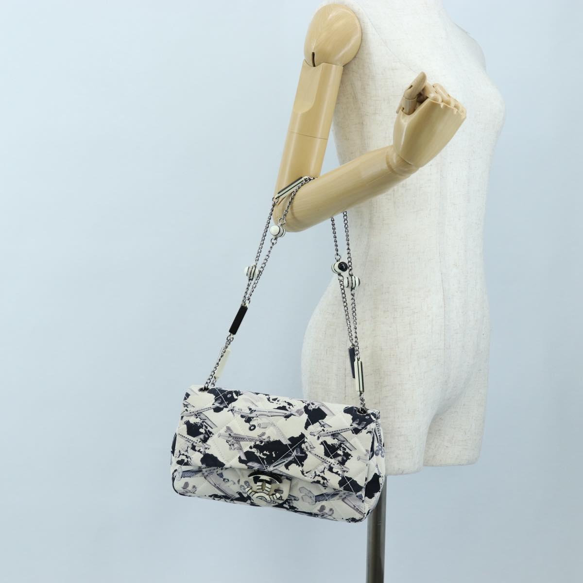 CHANEL Matelasse 25 Airline Shoulder Bag Canvas White Silver CC Auth 195237SAM