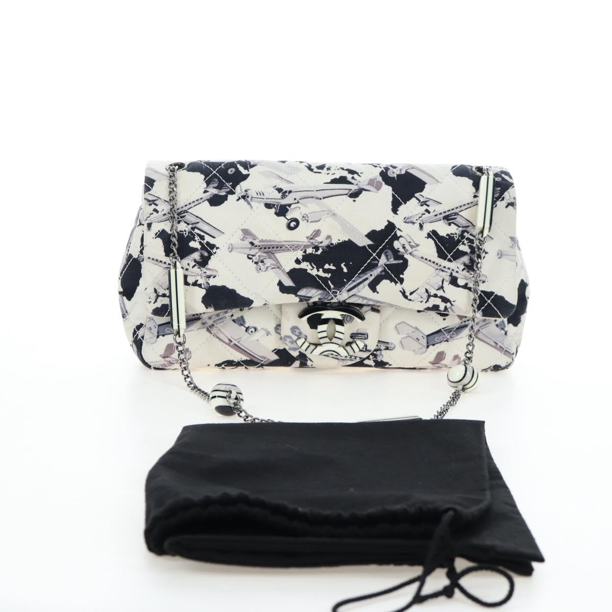 CHANEL Matelasse 25 Airline Shoulder Bag Canvas White Silver CC Auth 195237SAM