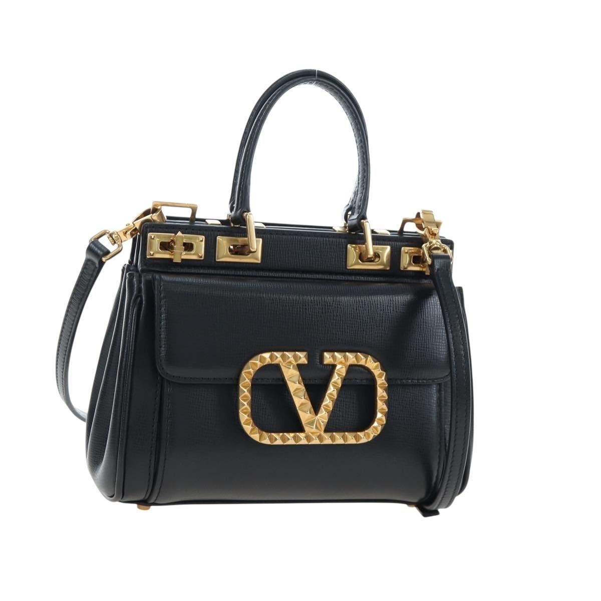 VALENTINO Rock Studs Hand Bag Leather 2way Black Gold Auth 195239M
