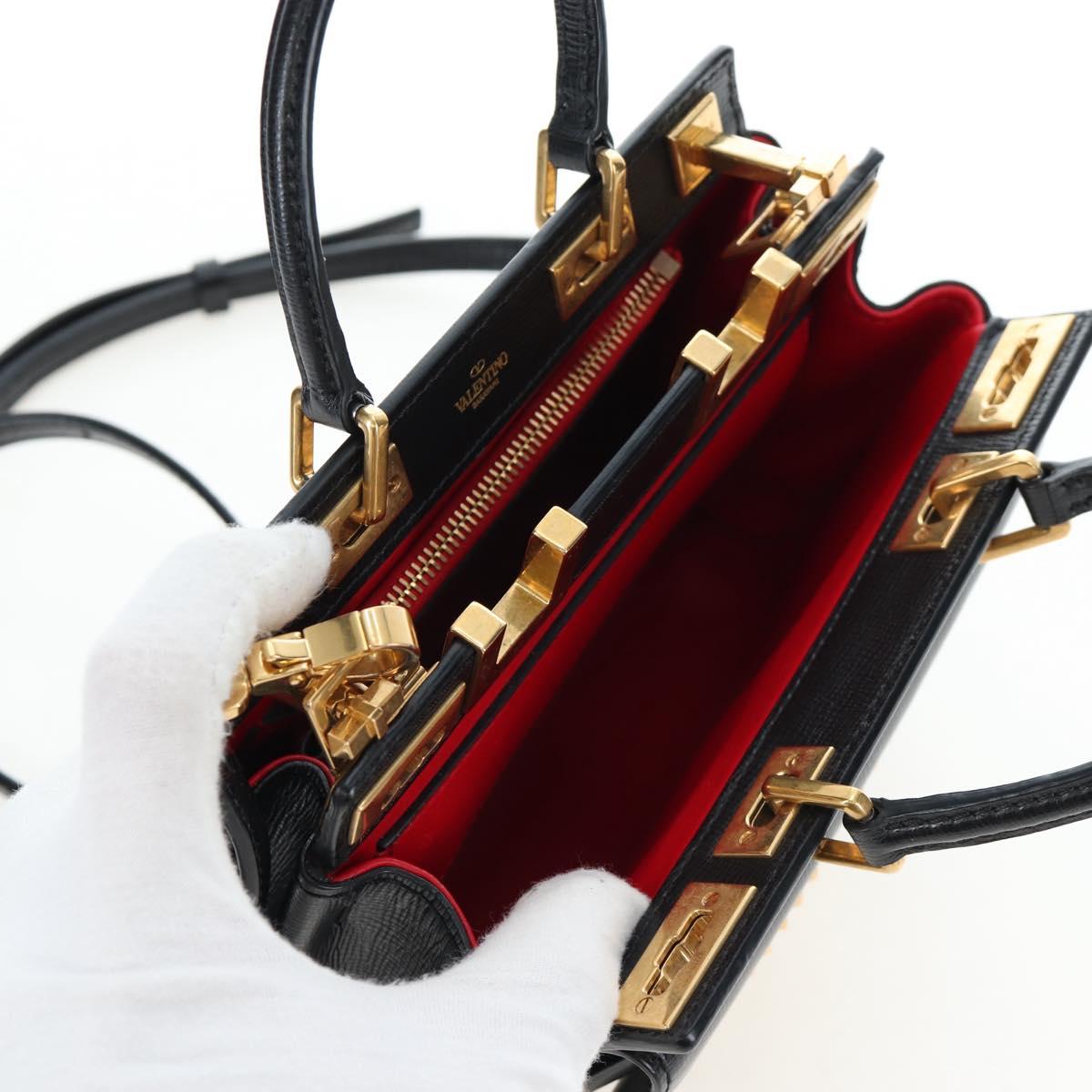 VALENTINO Rock Studs Hand Bag Leather 2way Black Gold Auth 195239M