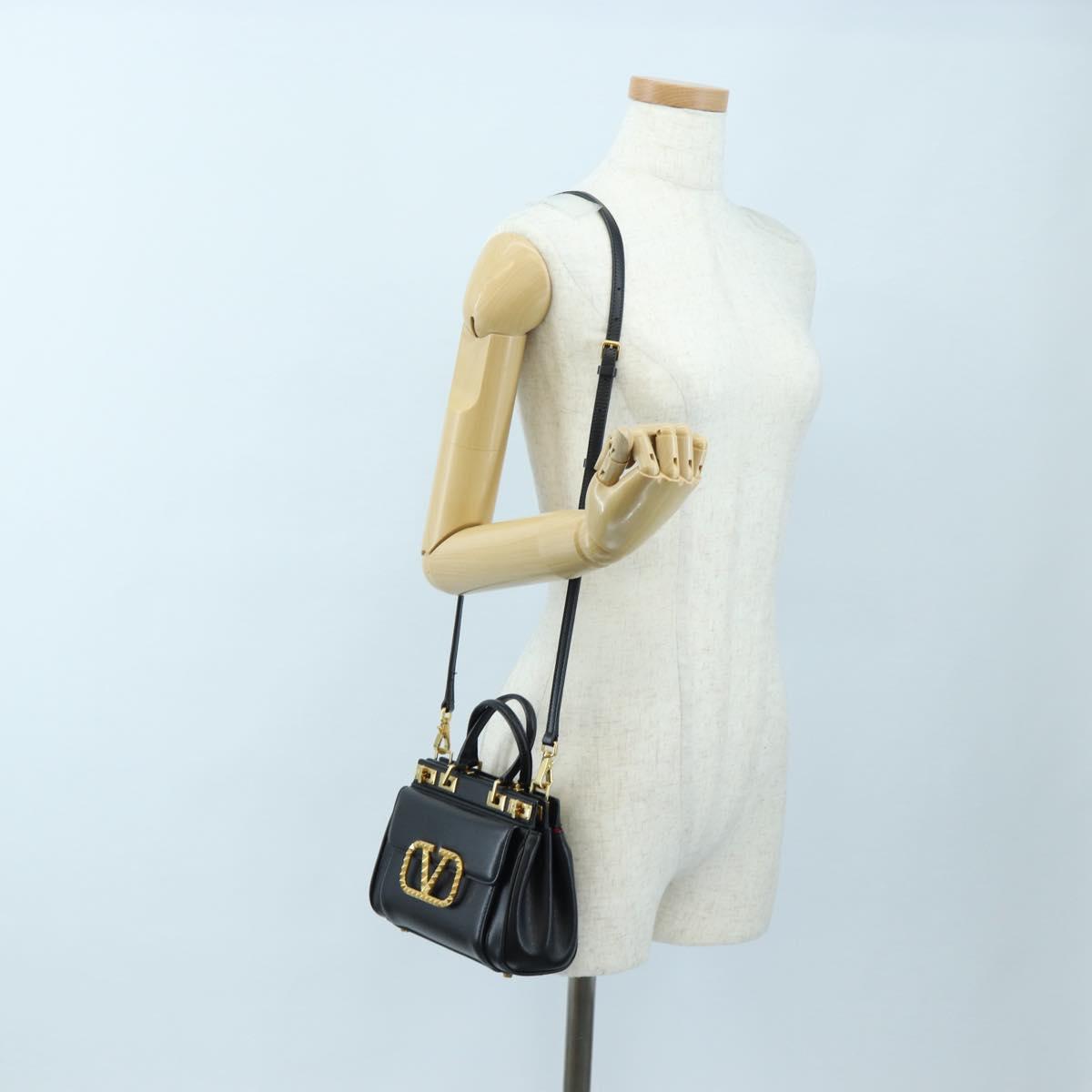 VALENTINO Rock Studs Hand Bag Leather 2way Black Gold Auth 195239M