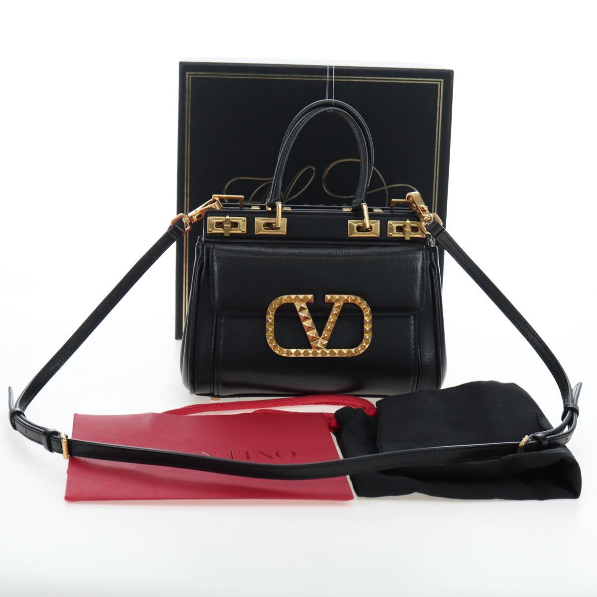 VALENTINO Rock Studs Hand Bag Leather 2way Black Gold Auth 195239M
