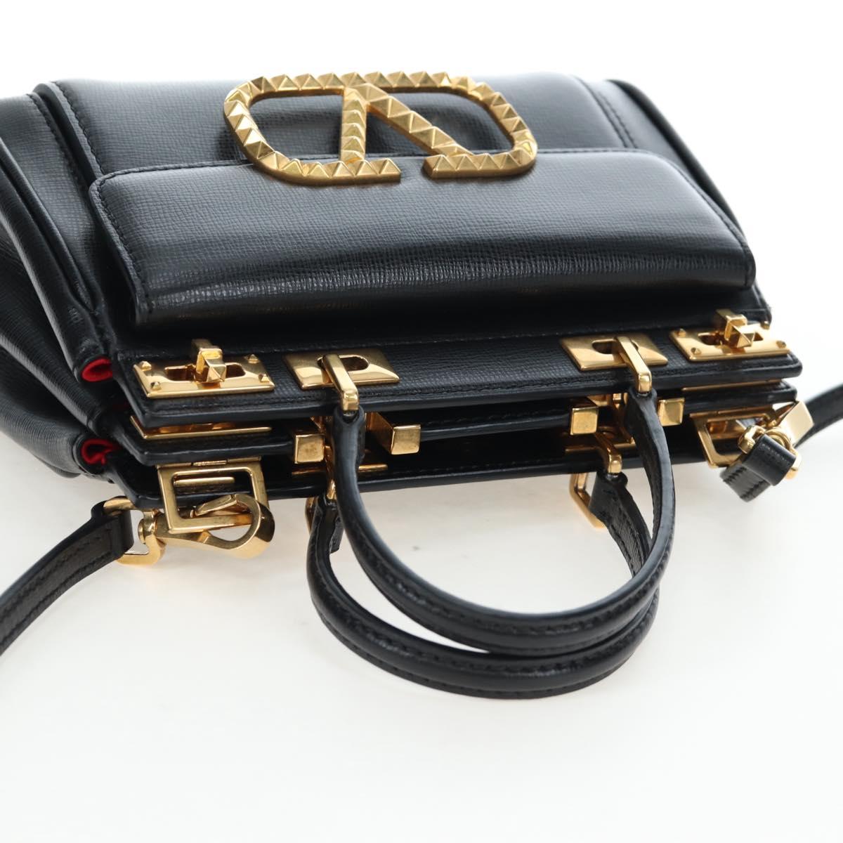 VALENTINO Rock Studs Hand Bag Leather 2way Black Gold Auth 195239M