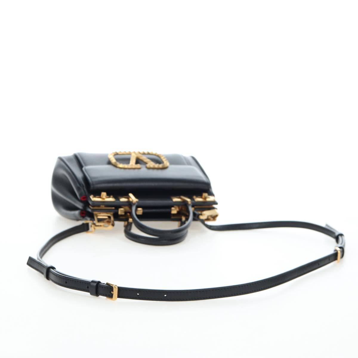 VALENTINO Rock Studs Hand Bag Leather 2way Black Gold Auth 195239M