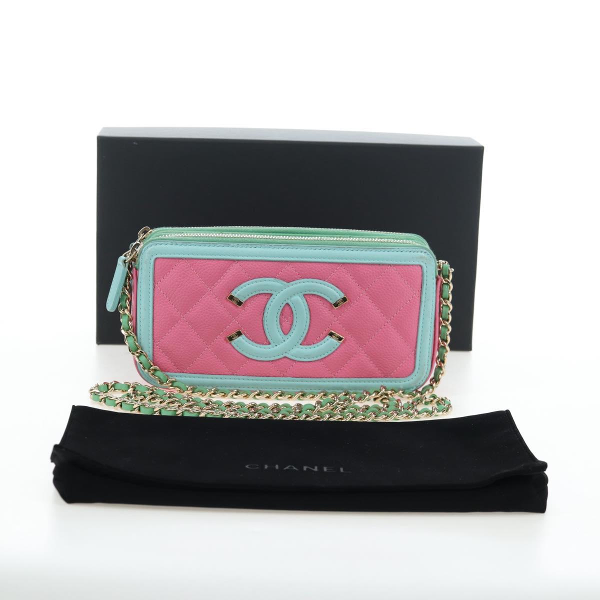 CHANEL Chain CC Filigree Matelasse Bag Caviar Skin Pink Gold CC Auth 195240M
