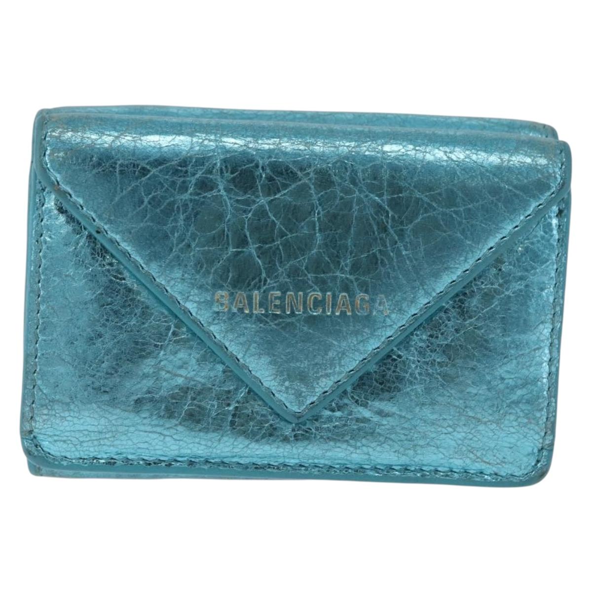 BALENCIAGA Paper Mini Wallet Leather Light Blue Silver 391446 Auth 195242A