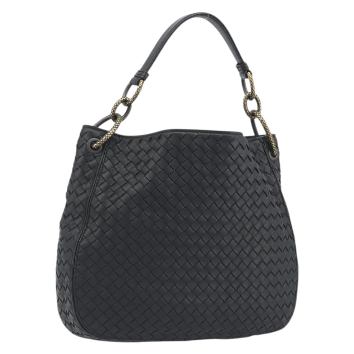 BOTTEGA VENETA INTRECCIATO Chain Shoulder Bag Leather Black Gold Auth 195244V