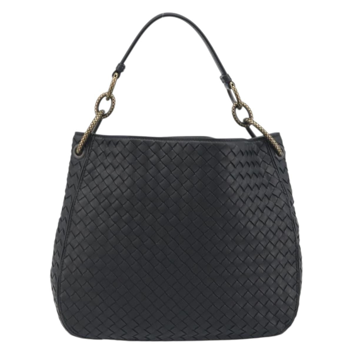 BOTTEGA VENETA INTRECCIATO Chain Shoulder Bag Leather Black Gold Auth 195244V