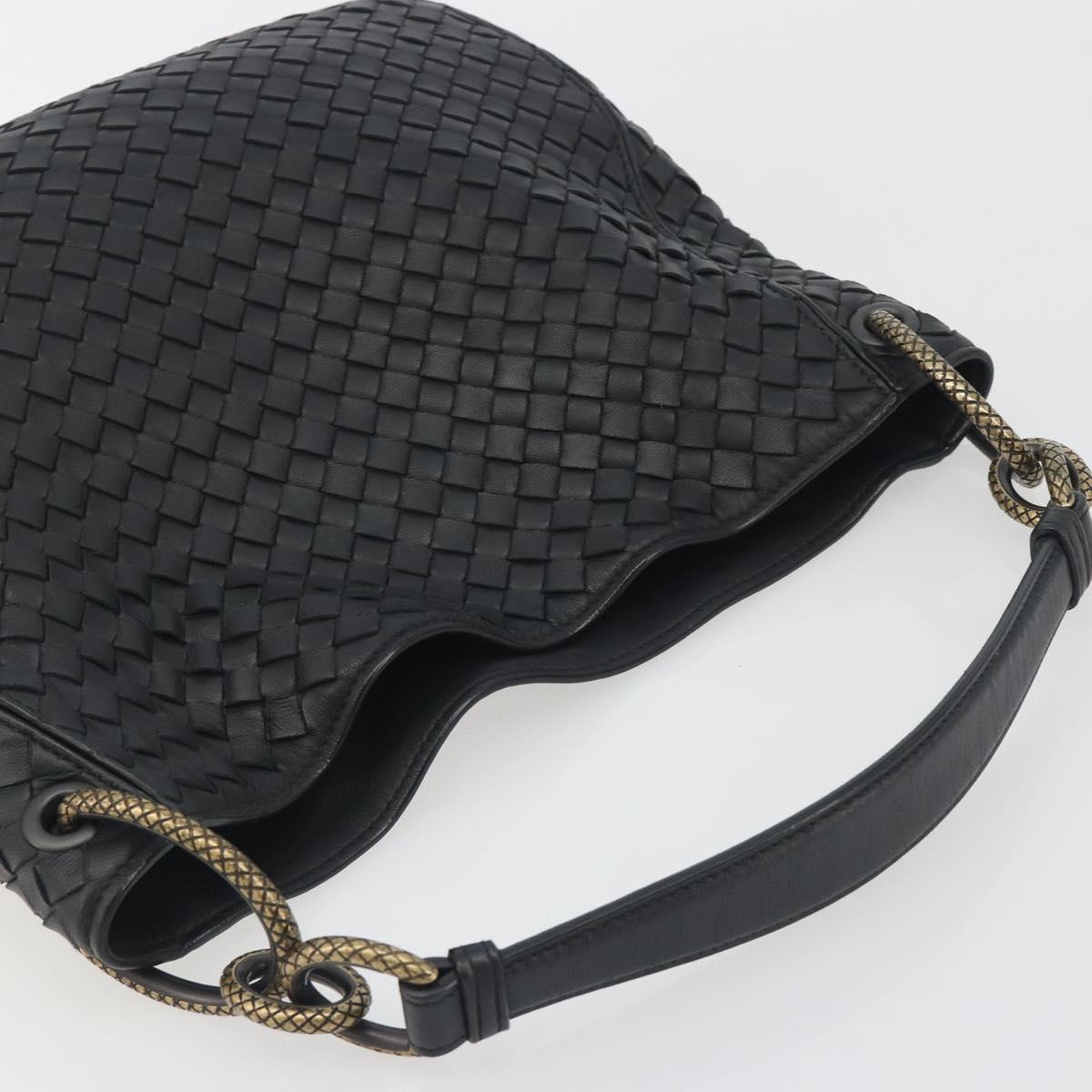 BOTTEGA VENETA INTRECCIATO Chain Shoulder Bag Leather Black Gold Auth 195244V