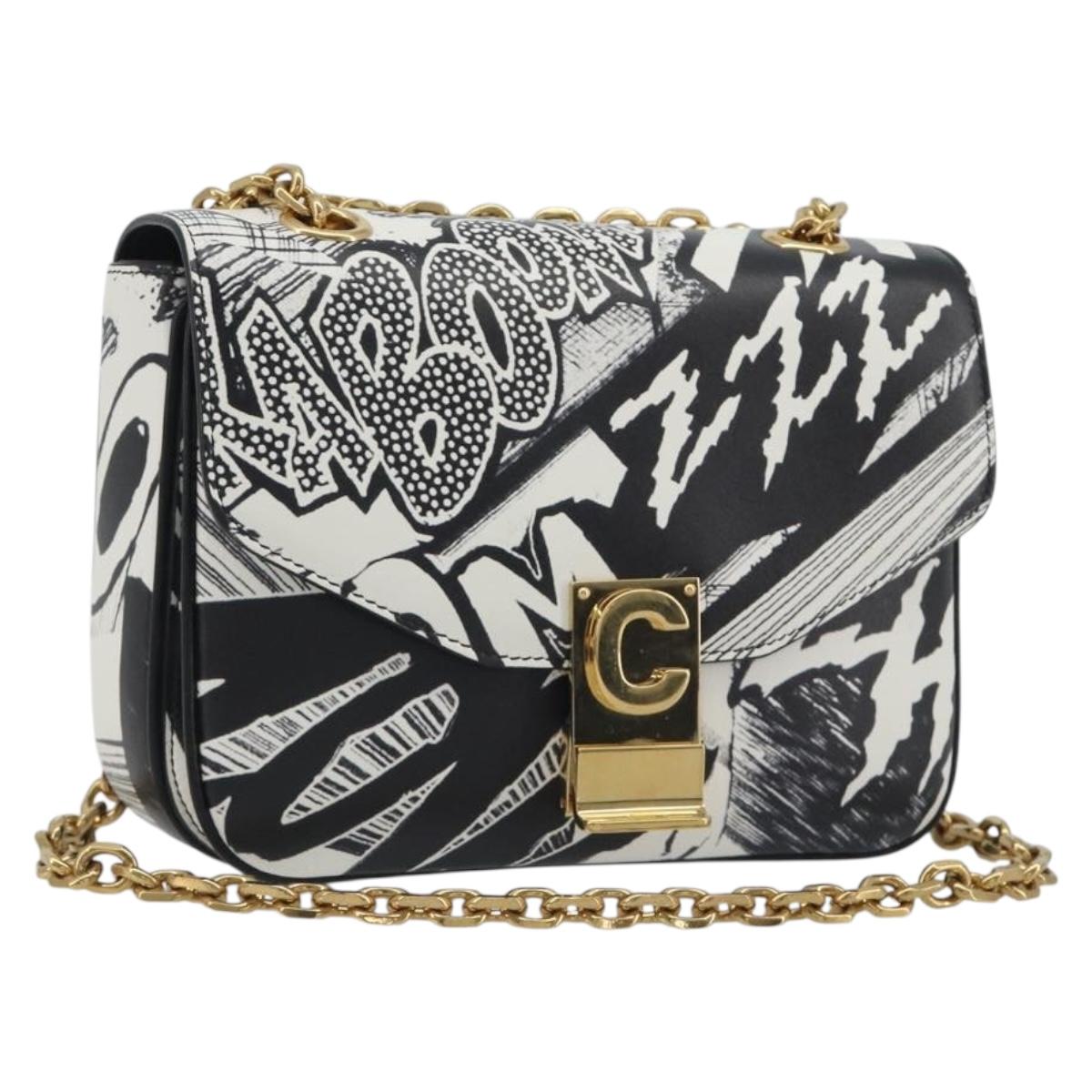 CELINE Christian Marclay Chain Shoulder Bag Leather White Gold Tone Auth 195249M