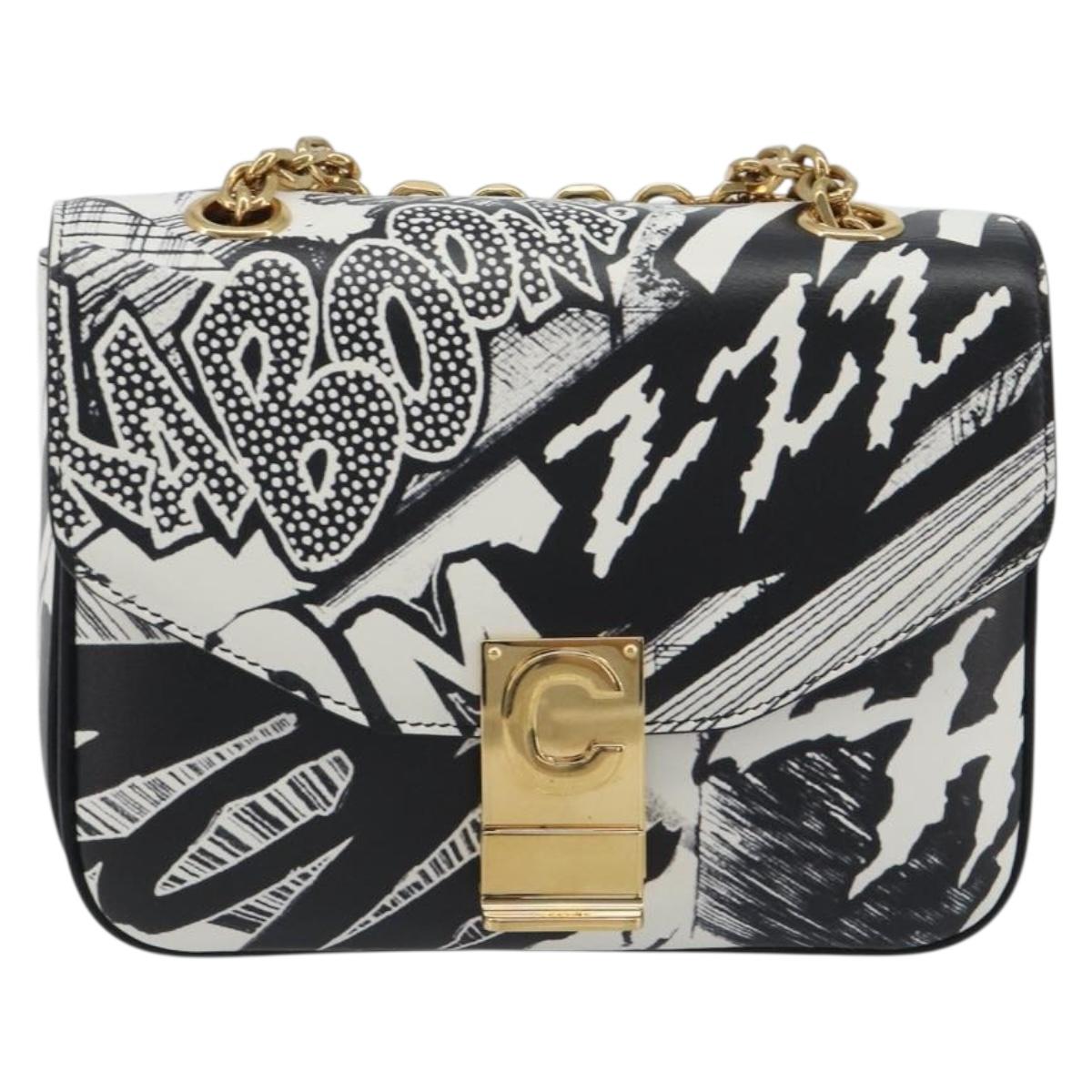 CELINE Christian Marclay Chain Shoulder Bag Leather White Gold Tone Auth 195249M