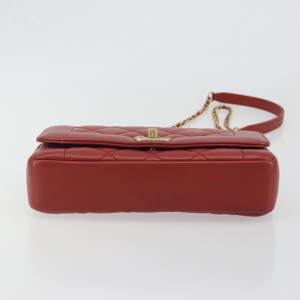 CHANEL Matelasse Chain Shoulder Bag Lamb Skin Red Gold Tone CC Auth 195253SM