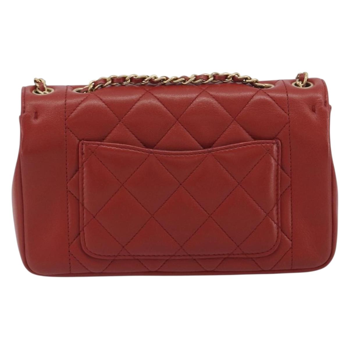 CHANEL Matelasse Chain Shoulder Bag Lamb Skin Red Gold Tone CC Auth 195253SM