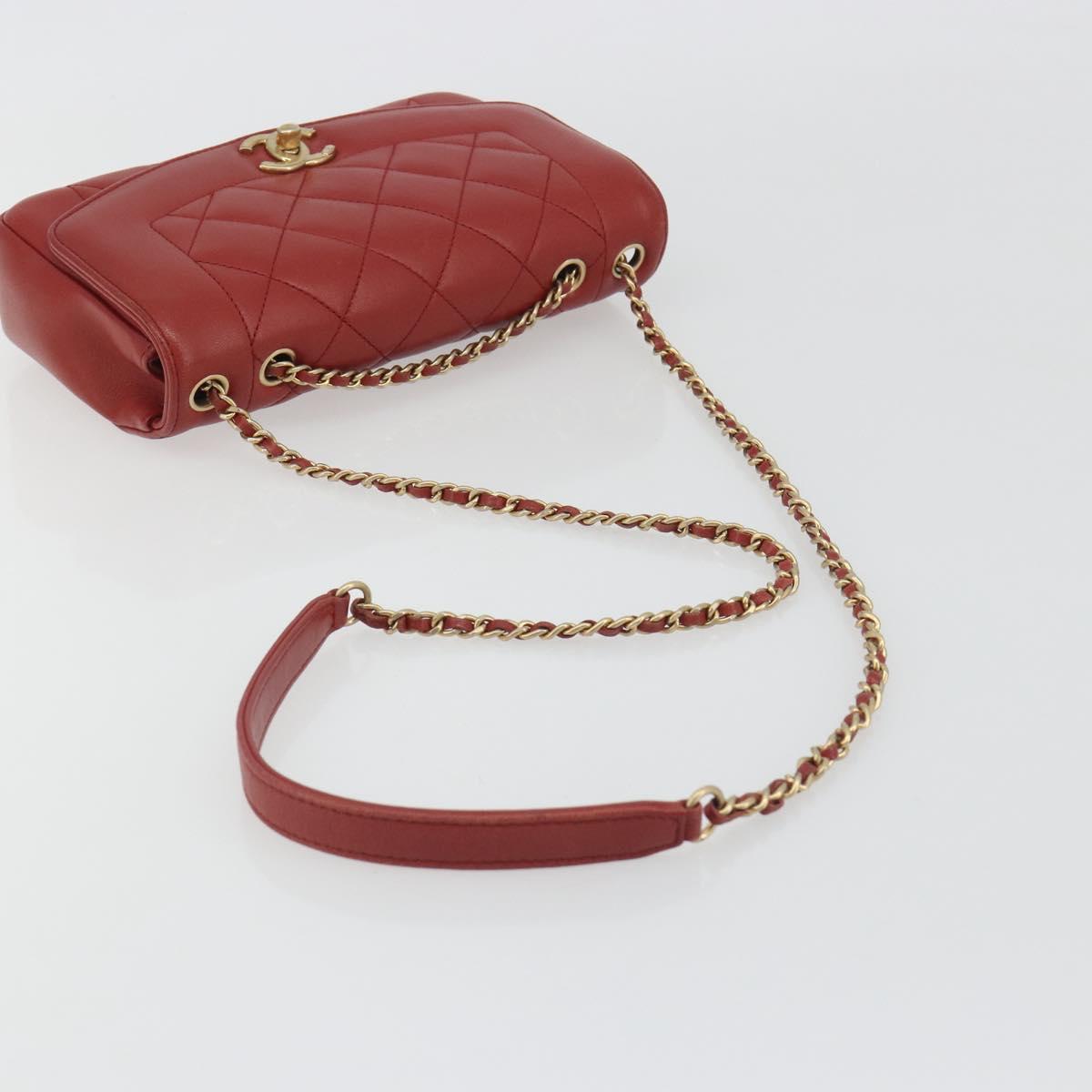 CHANEL Matelasse Chain Shoulder Bag Lamb Skin Red Gold Tone CC Auth 195253SM