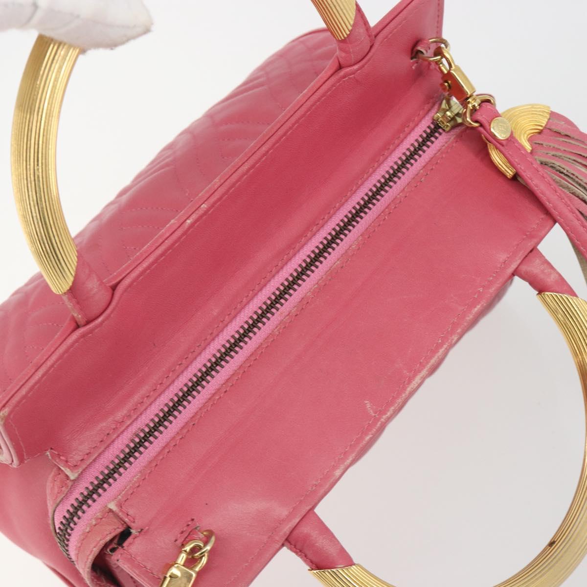 FENDI Macaroni Hand Bag Leather 2way Pink Gold Auth 195263