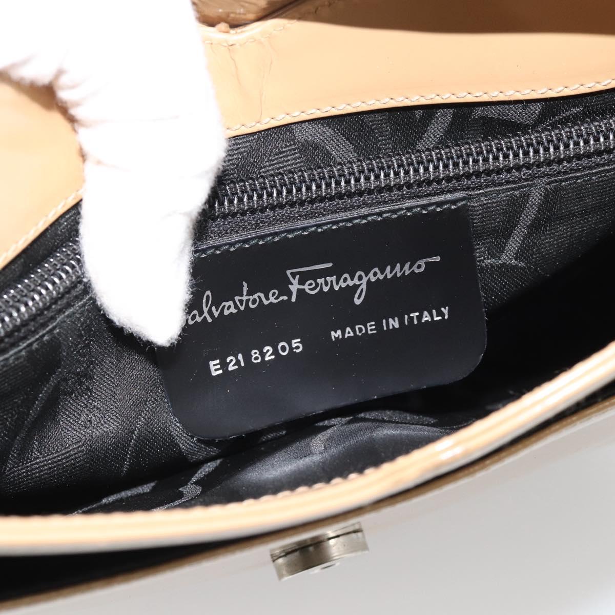Salvatore Ferragamo Gancini Shoulder Bag Patent Leather Beige Silver Auth 195268