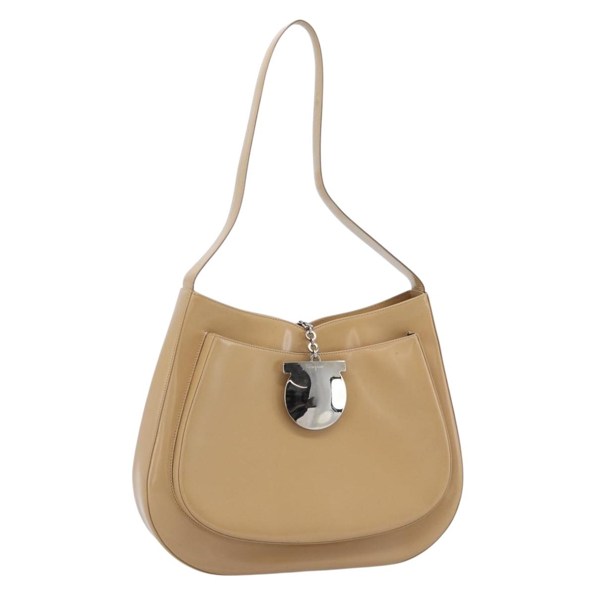 Salvatore Ferragamo Gancini Shoulder Bag Patent Leather Beige Silver Auth 195268