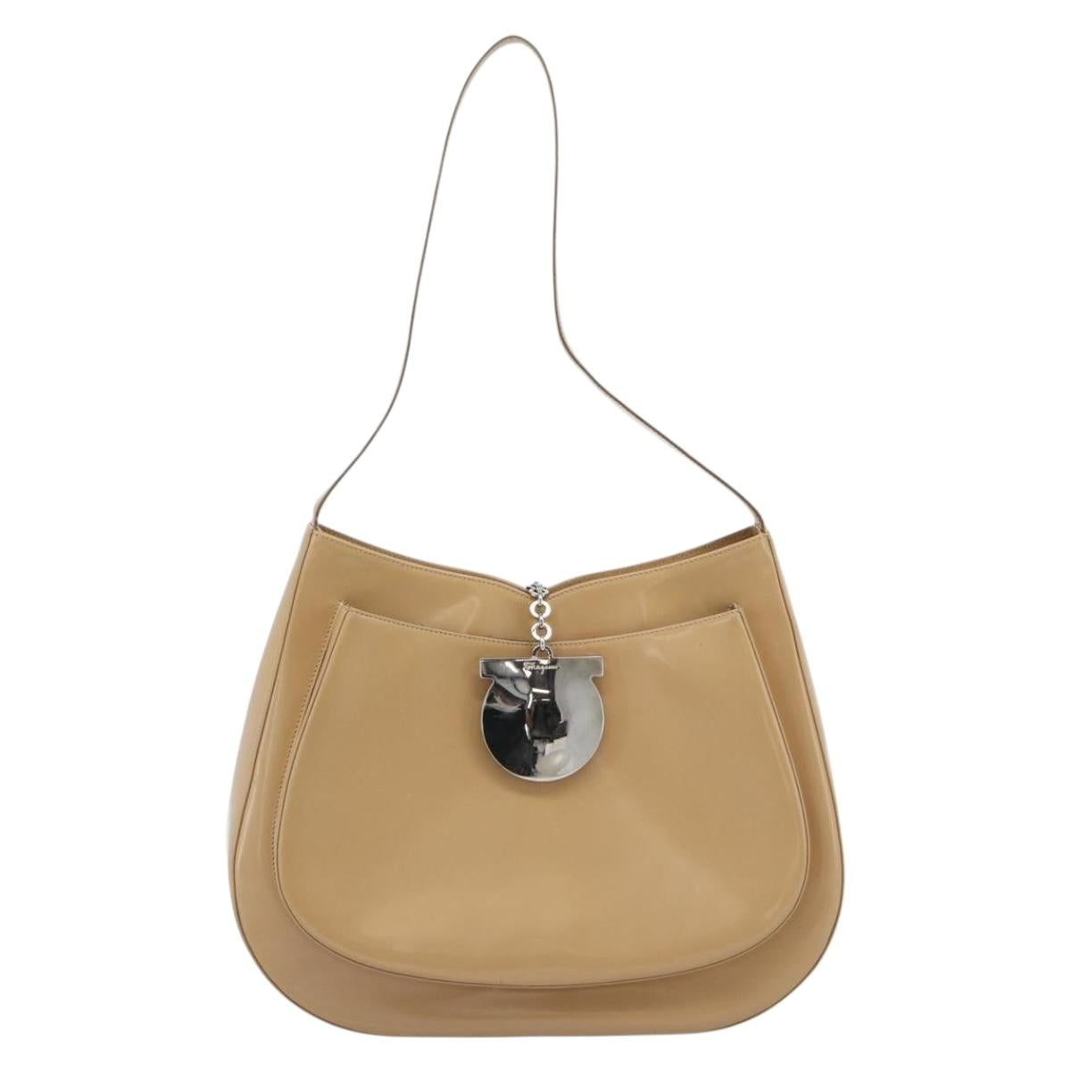 Salvatore Ferragamo Gancini Shoulder Bag Patent Leather Beige Silver Auth 195268