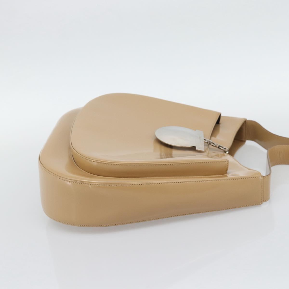 Salvatore Ferragamo Gancini Shoulder Bag Patent Leather Beige Silver Auth 195268