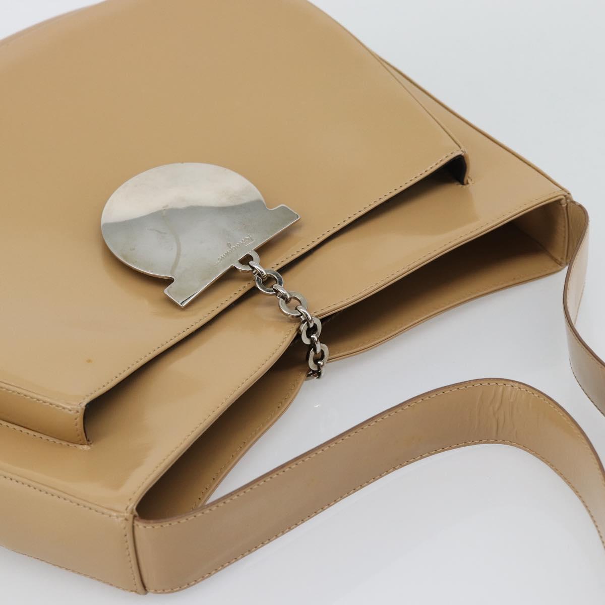 Salvatore Ferragamo Gancini Shoulder Bag Patent Leather Beige Silver Auth 195268