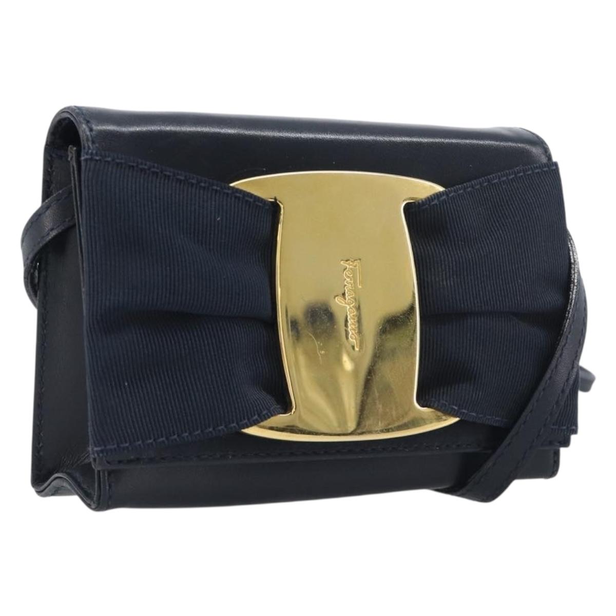 Salvatore Ferragamo Vala Shoulder Bag Canvas Navy Gold Auth 195283