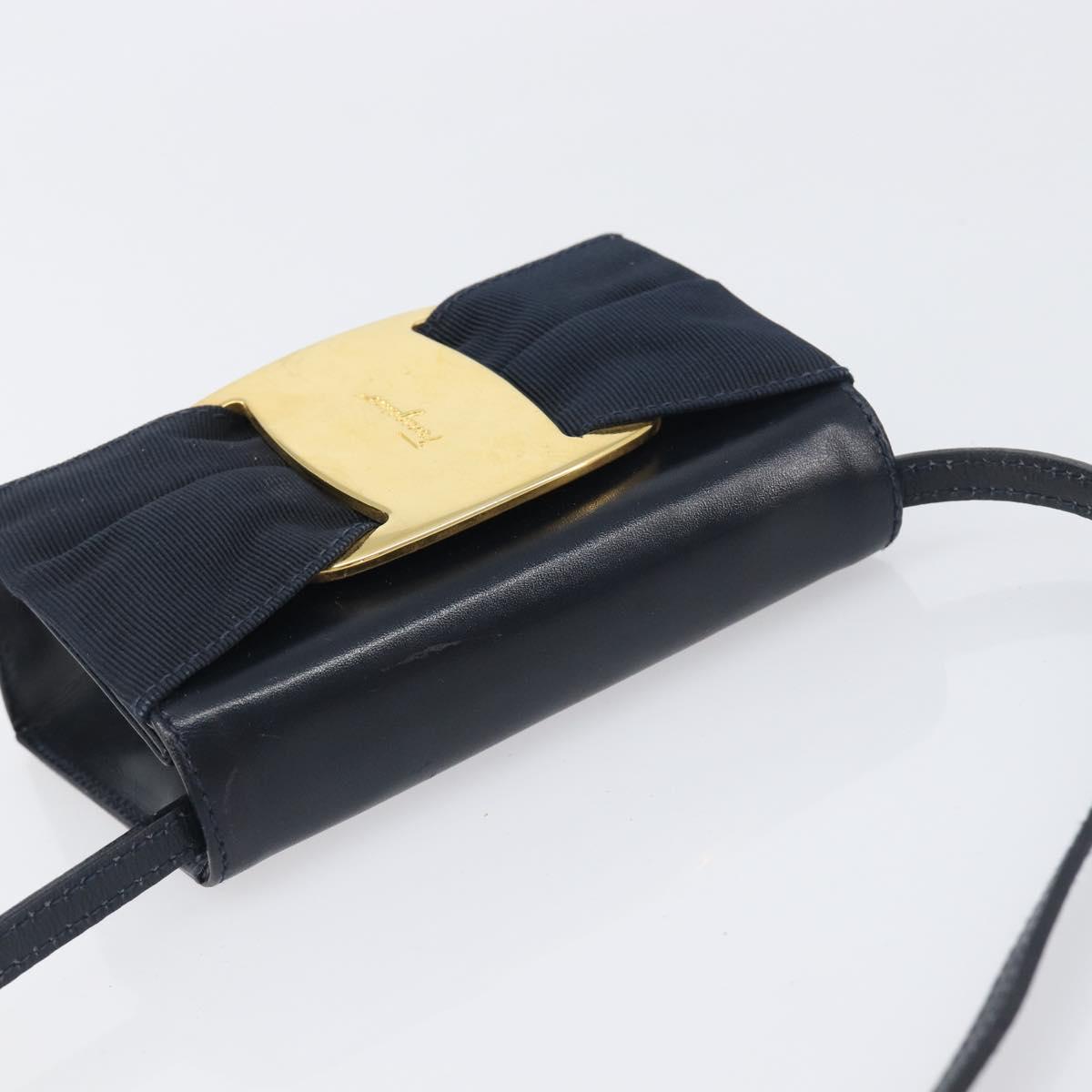Salvatore Ferragamo Vala Shoulder Bag Canvas Navy Gold Auth 195283