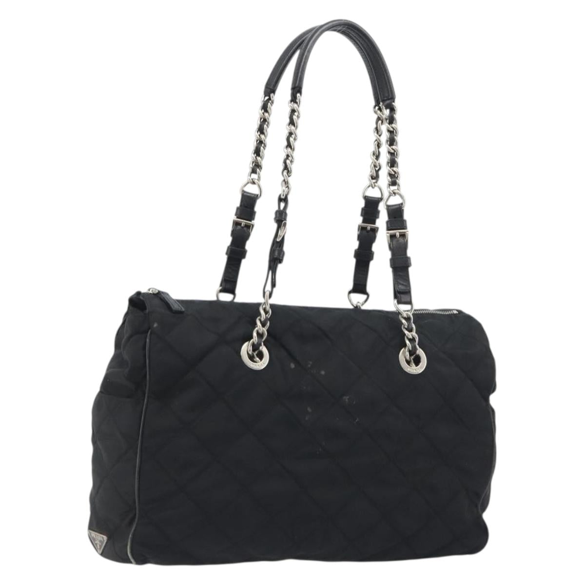 PRADA Chain Shoulder Bag Nylon Black Silver Auth 195292