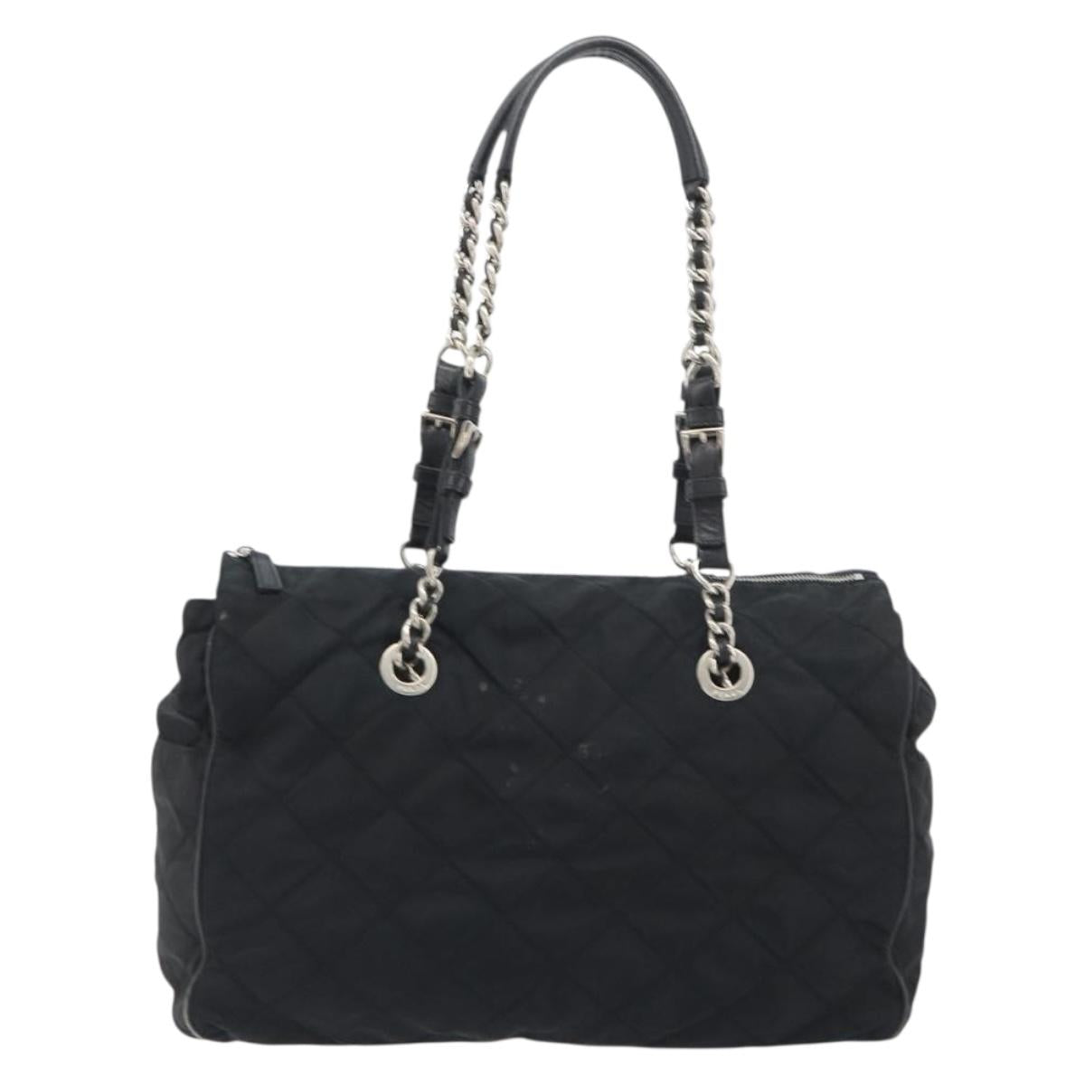 PRADA Chain Shoulder Bag Nylon Black Silver Auth 195292