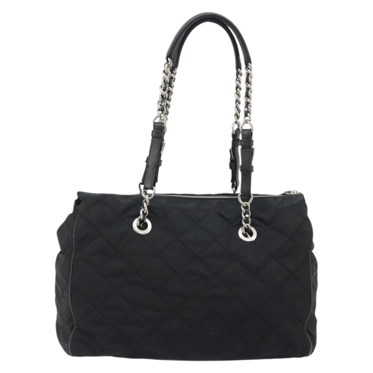 PRADA Chain Shoulder Bag Nylon Black Silver Auth 195292