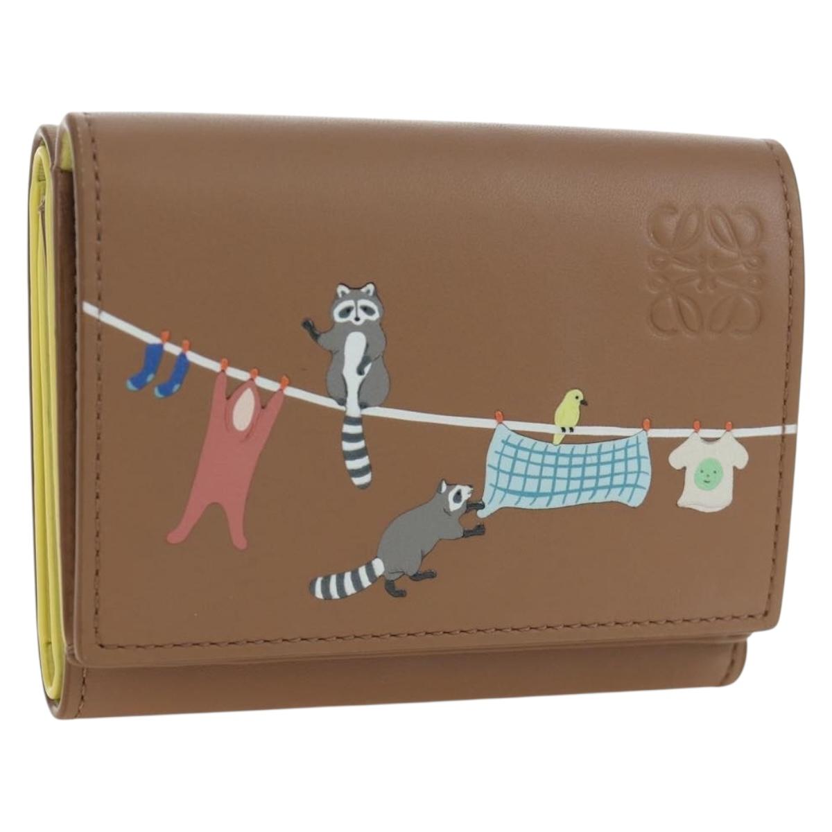 LOEWE Raccoon Trifold Wallet Leather Suna Fujita Brown Silver Auth 195312M