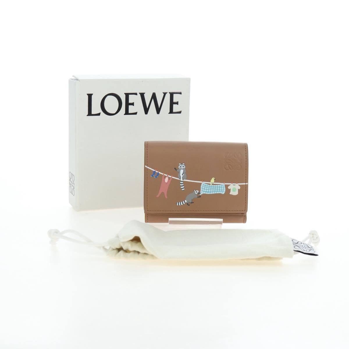 LOEWE Raccoon Trifold Wallet Leather Suna Fujita Brown Silver Auth 195312M