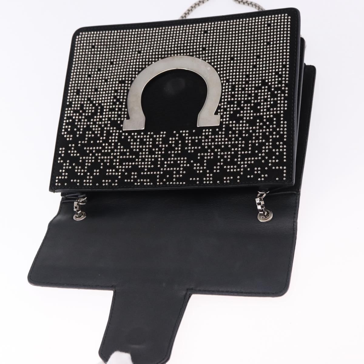 Salvatore Ferragamo Gancini Chain Shoulder Bag Leather Black Silver Auth 195321A