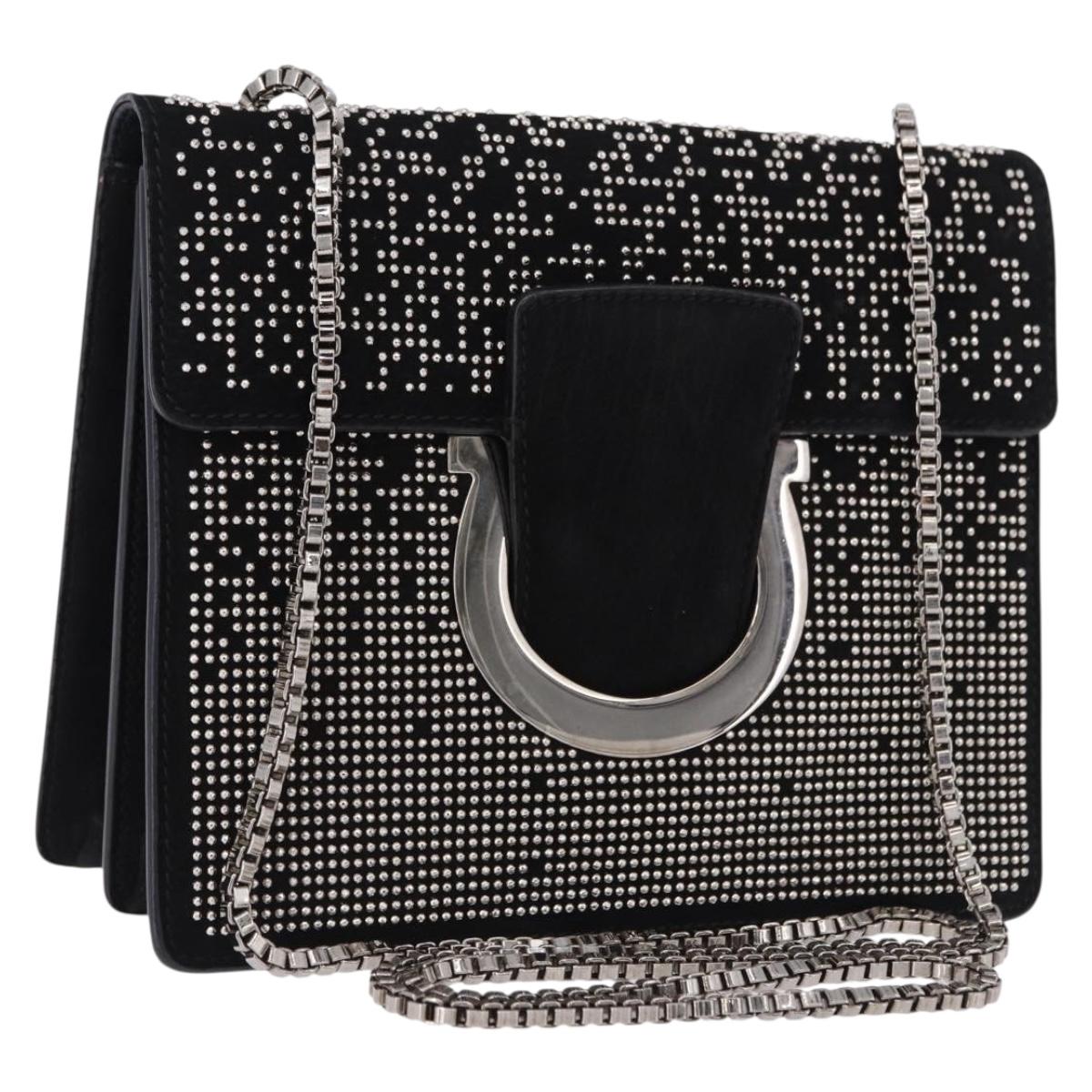 Salvatore Ferragamo Gancini Chain Shoulder Bag Leather Black Silver Auth 195321A
