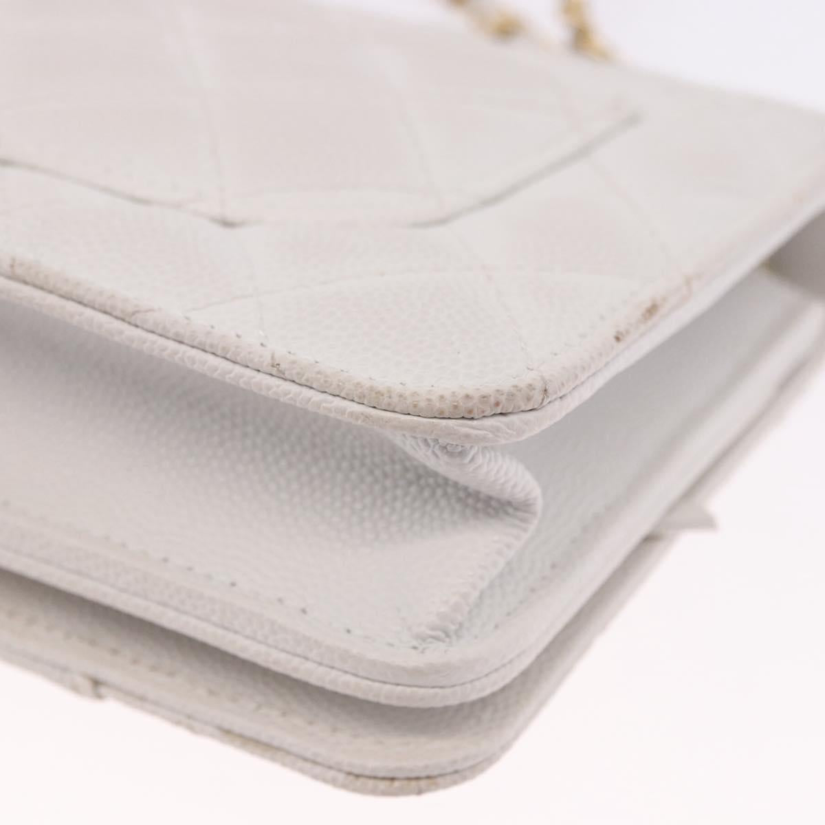 CHANEL Matelasse Chain Shoulder Bag Caviar Skin White Gold Tone CC Auth 195323A