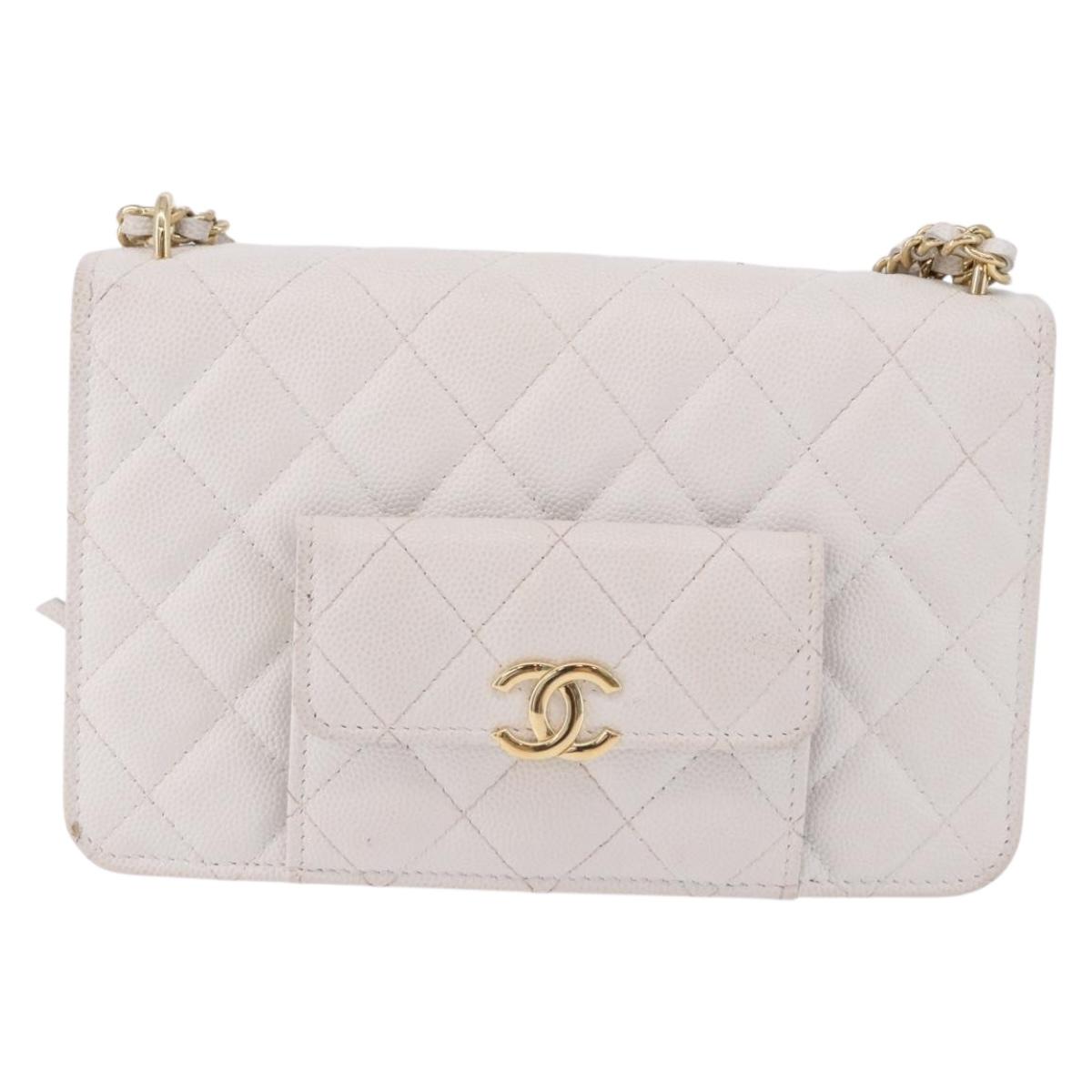 CHANEL Matelasse Chain Shoulder Bag Caviar Skin White Gold Tone CC Auth 195323A