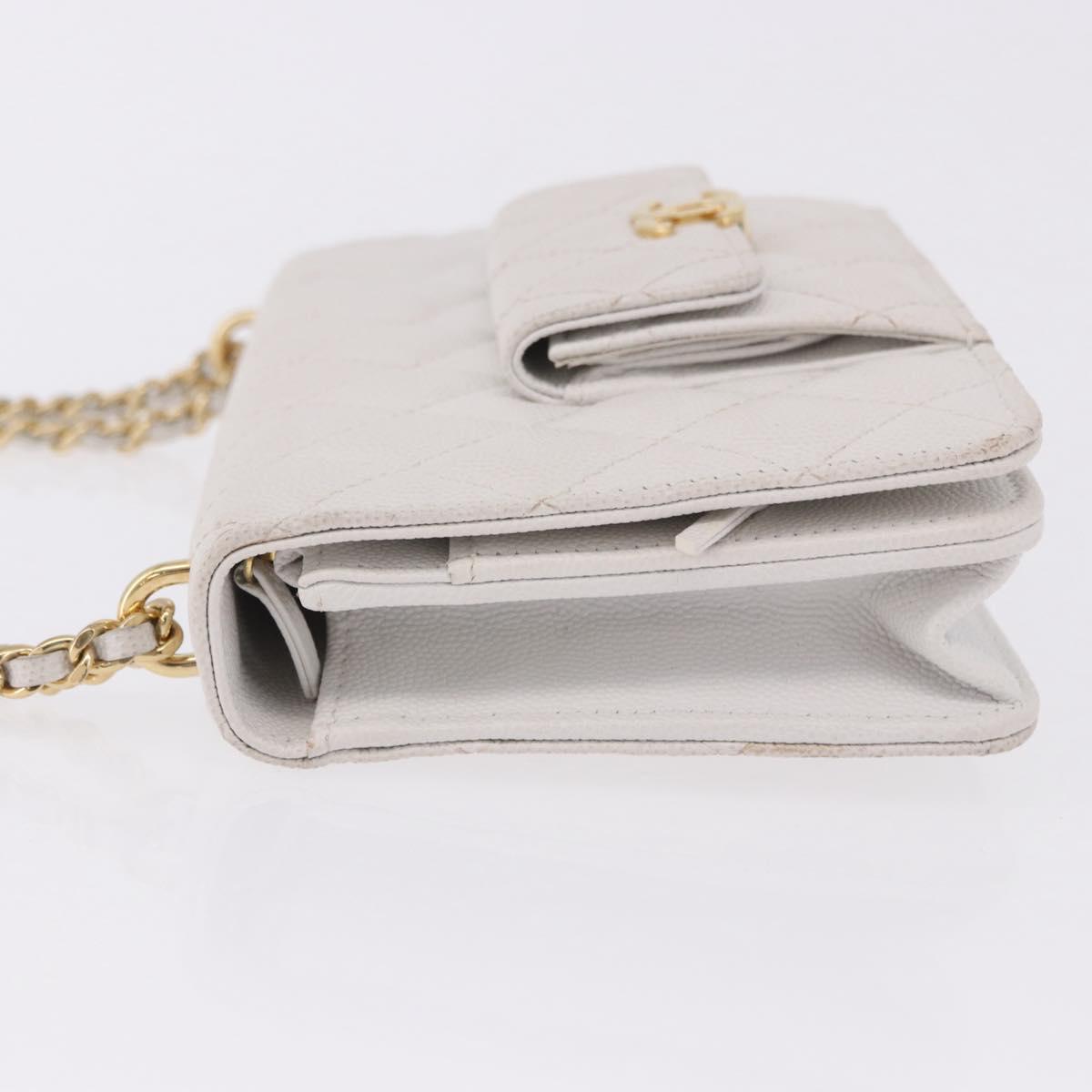 CHANEL Matelasse Chain Shoulder Bag Caviar Skin White Gold Tone CC Auth 195323A