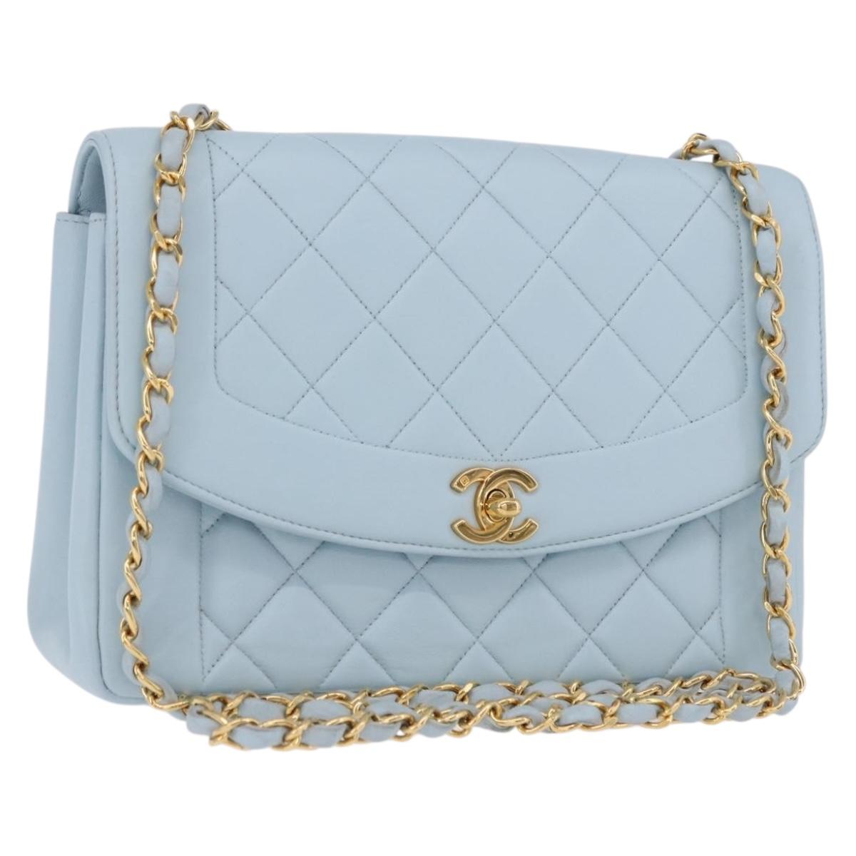 CHANEL Matelasse Chain Shoulder Bag Lamb Skin Light Blue Gold CC Auth 195324V
