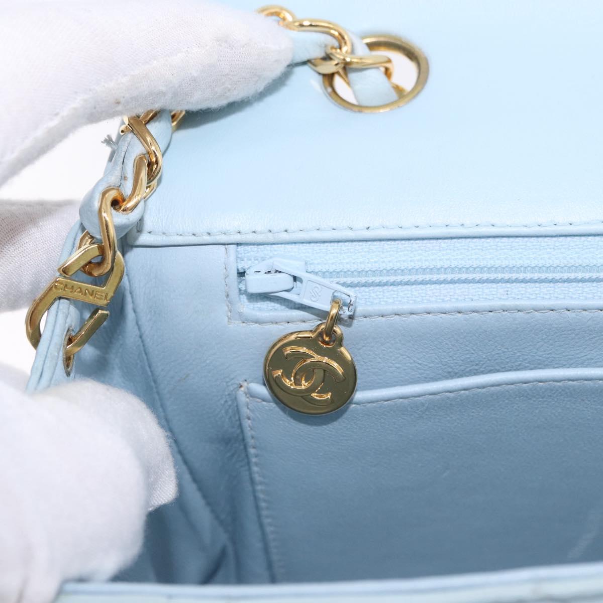 CHANEL Matelasse Chain Shoulder Bag Lamb Skin Light Blue Gold CC Auth 195324V