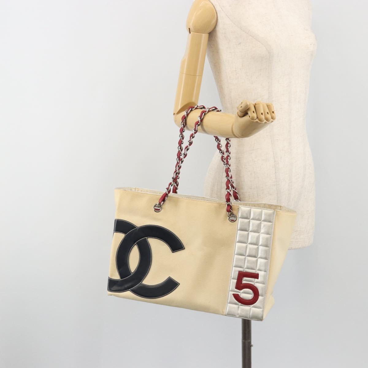 CHANEL Choco Bar Chain Shoulder Tote Bag Canvas Beige Silver CC Auth 195335A