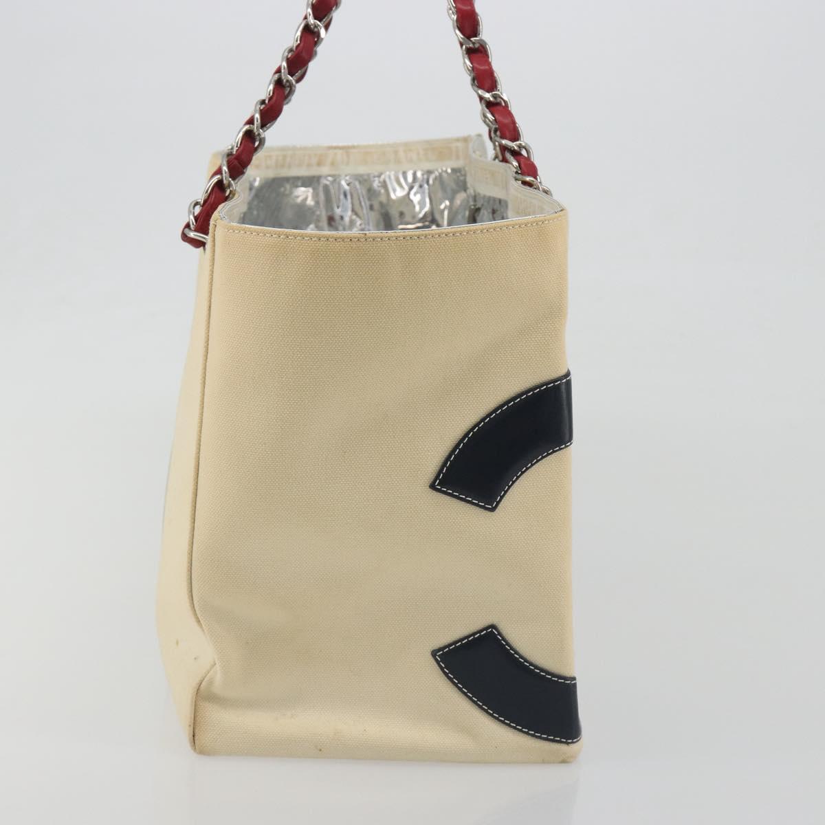 CHANEL Choco Bar Chain Shoulder Tote Bag Canvas Beige Silver CC Auth 195335A
