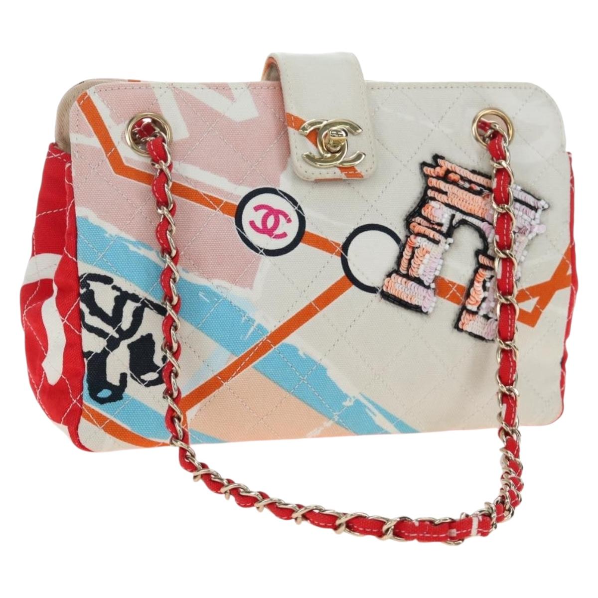 CHANEL Matelasse Chain Shoulder Bag Canvas Multicolor Gold CC Auth 195337SM