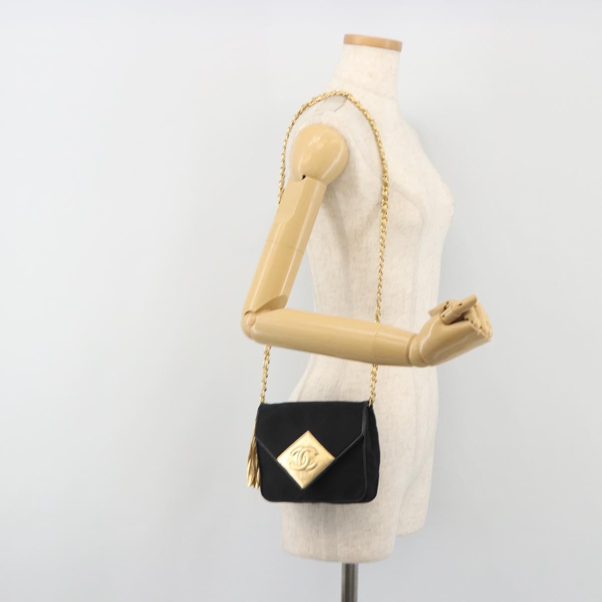 CHANEL Matelasse Chain Shoulder Bag Satin Black Gold CC Auth 195338A