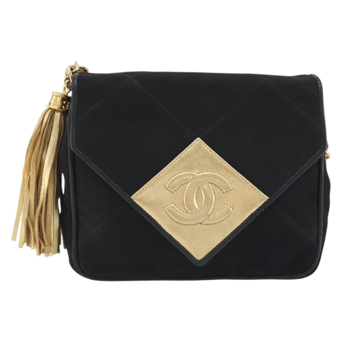 CHANEL Matelasse Chain Shoulder Bag Satin Black Gold CC Auth 195338A