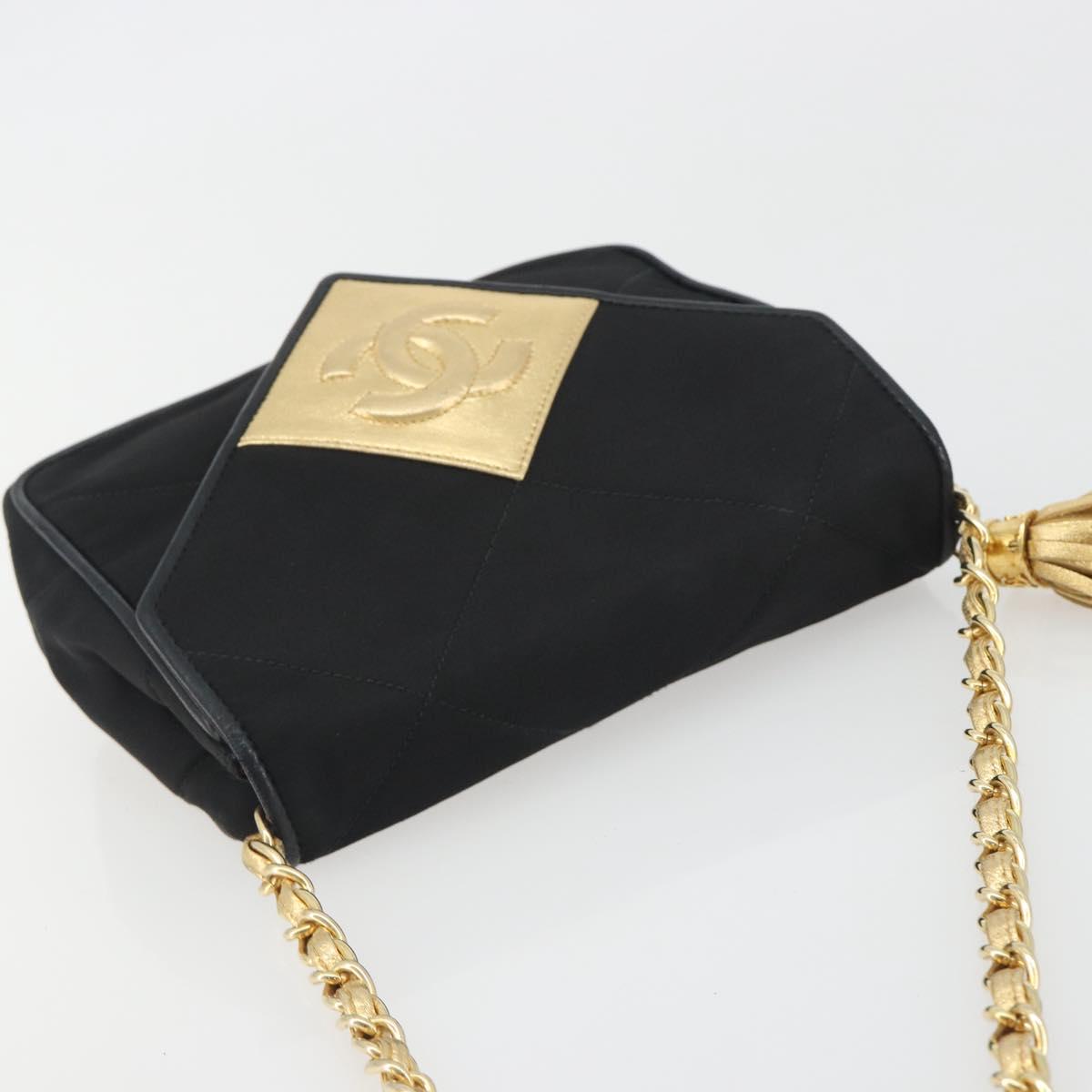CHANEL Matelasse Chain Shoulder Bag Satin Black Gold CC Auth 195338A
