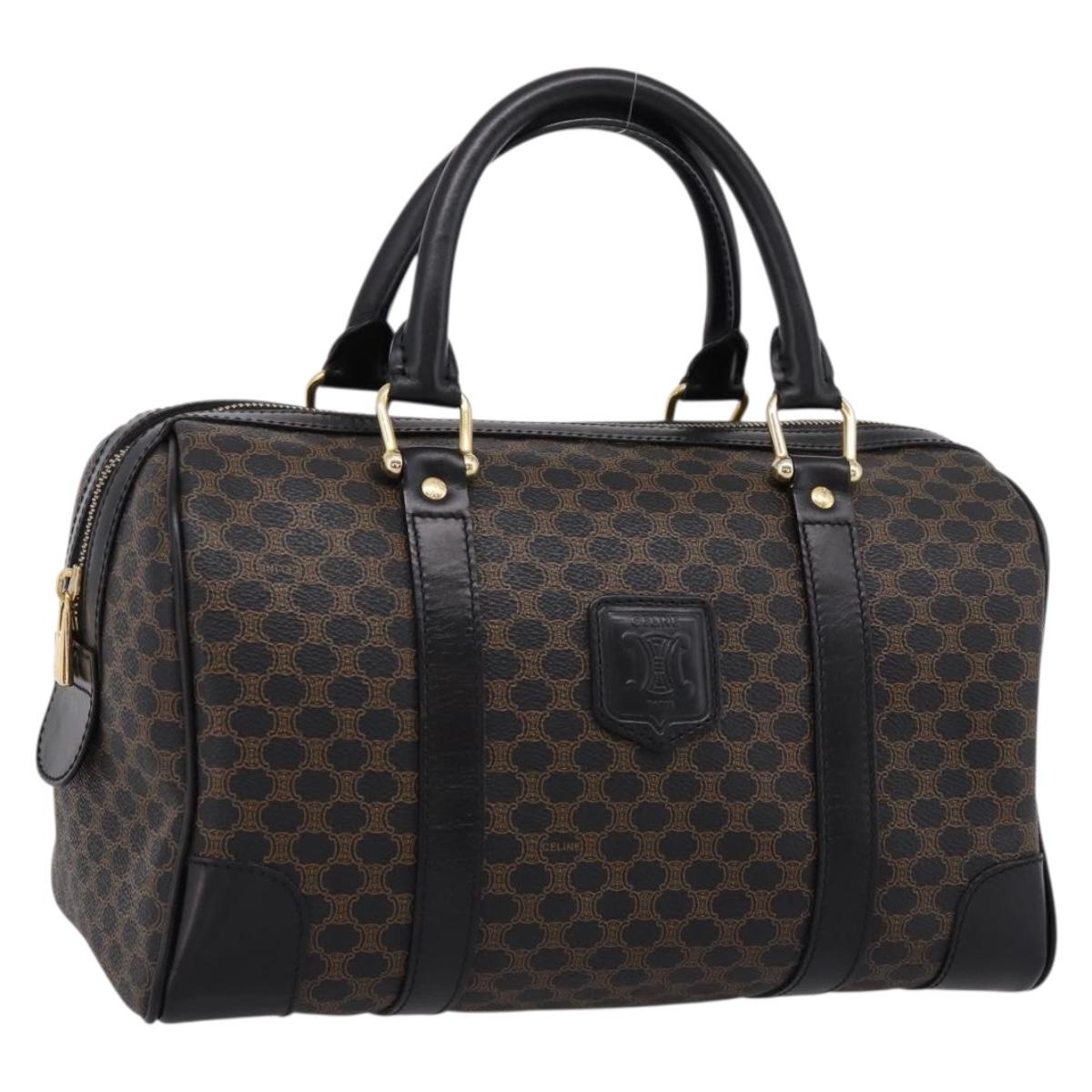 CELINE Macadam Canvas Boston Bag PVC Leather Black Gold Auth 195373V