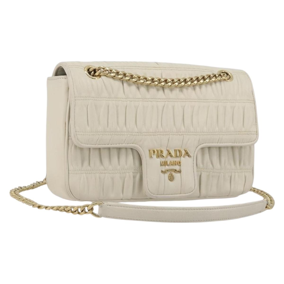 PRADA Gathered Chain Shoulder Bag Leather White Gold Tone Auth 195375V