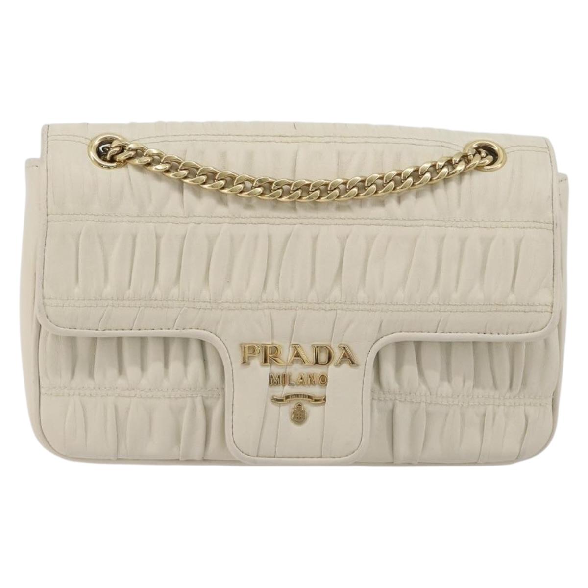 PRADA Gathered Chain Shoulder Bag Leather White Gold Tone Auth 195375V
