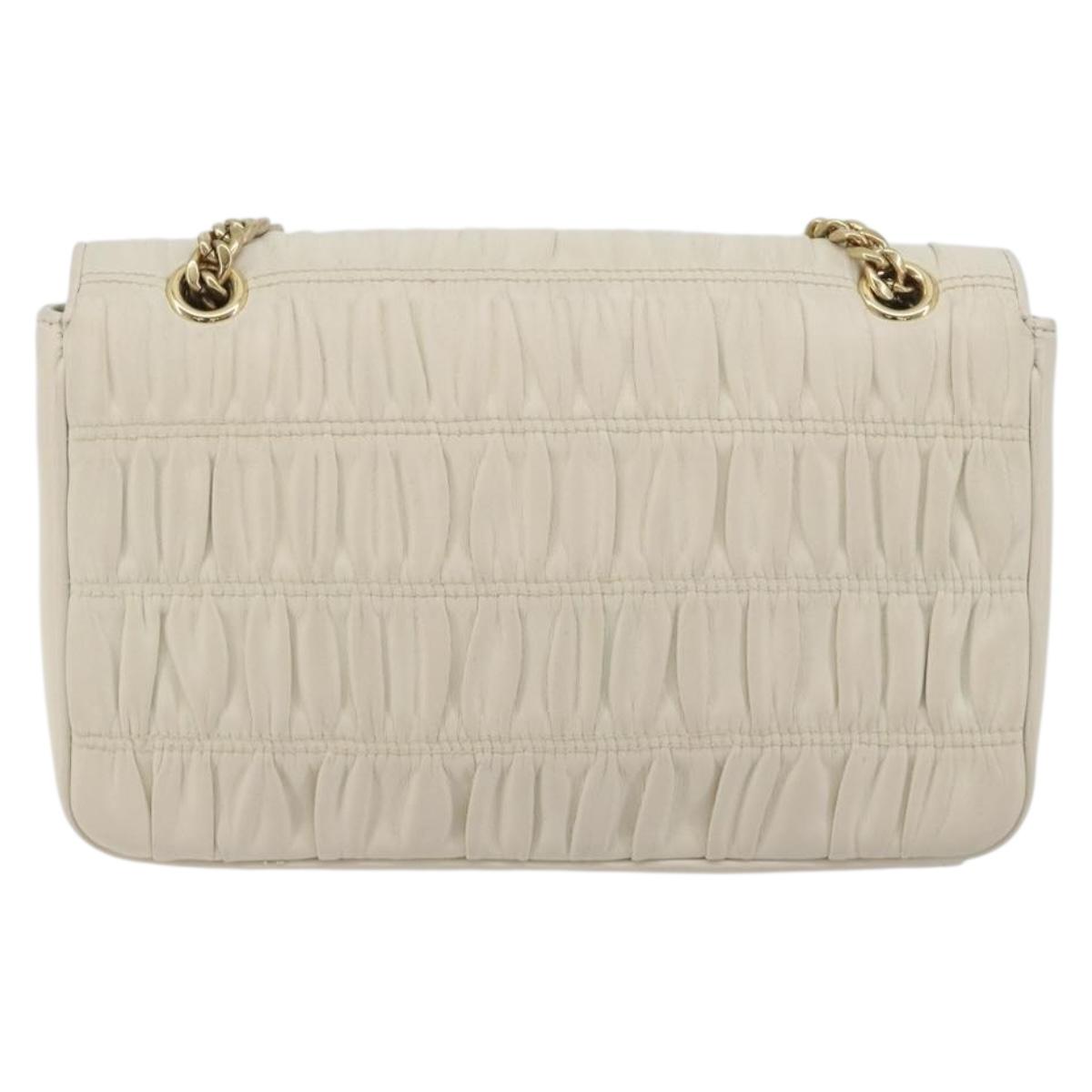 PRADA Gathered Chain Shoulder Bag Leather White Gold Tone Auth 195375V