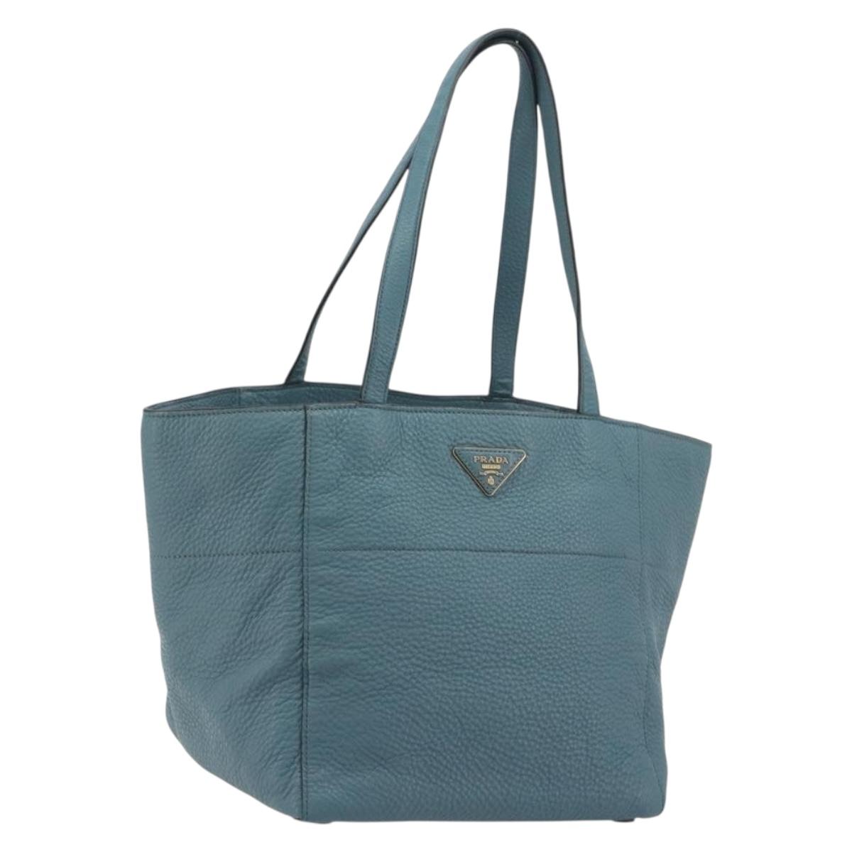 PRADA Tote Bag Leather Light Blue Gold Tone Auth 195376V